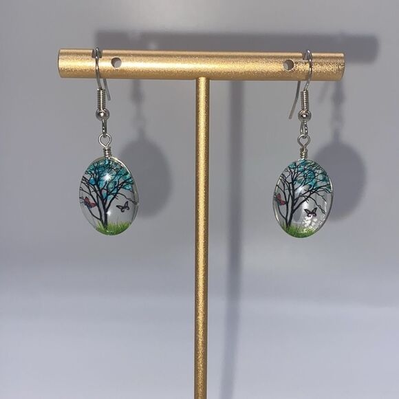 ✨🆕✨ BoHo BLUE 💙 Dried Flower Tree 🌳 Butterfly 🦋 Dangle Earrings✨🔅 - Picture 4 of 8